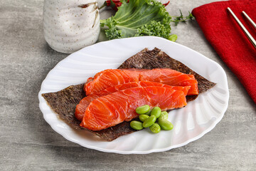 Sliced salmon sashimi in the plate