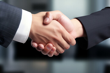 handshake zoom view of businessmen for agreement of business negotiation or cooperation meeting between two companies isolated on a blurry background. Generative AI.
