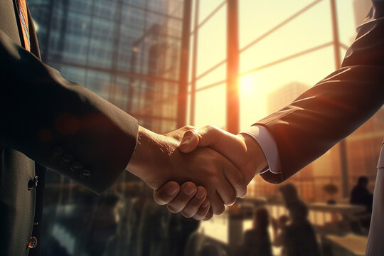 Handshake Zoom View Of Businessmen For Agreement Of Business Negotiation Or Cooperation Meeting Between Two Companies Isolated On A Blurry Background. Generative AI.