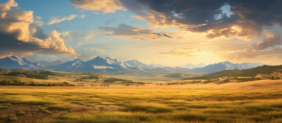 Golden Hour at Pike's Peak with Open Fields - obrazy, fototapety, plakaty