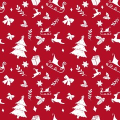 Red and white Christmas background, Christmas tree, gift box, reindeer, decorate for Christmas - obrazy, fototapety, plakaty