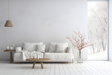 Fototapeta na wymiar Cozy white living room interior, home mockup 3d rendering. generative ai.