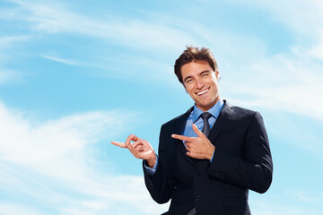 Blue sky portrait, professional and happy man point at corporate announcement, company notification...