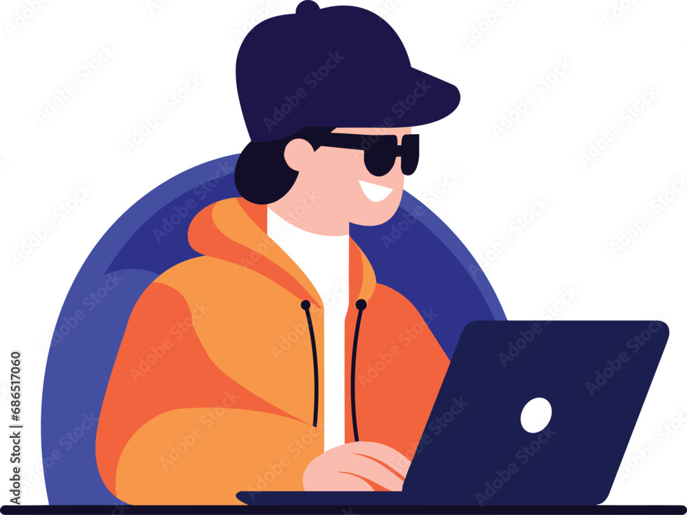 Poster hand drawn thief or hacker in concept cyber security in flat style