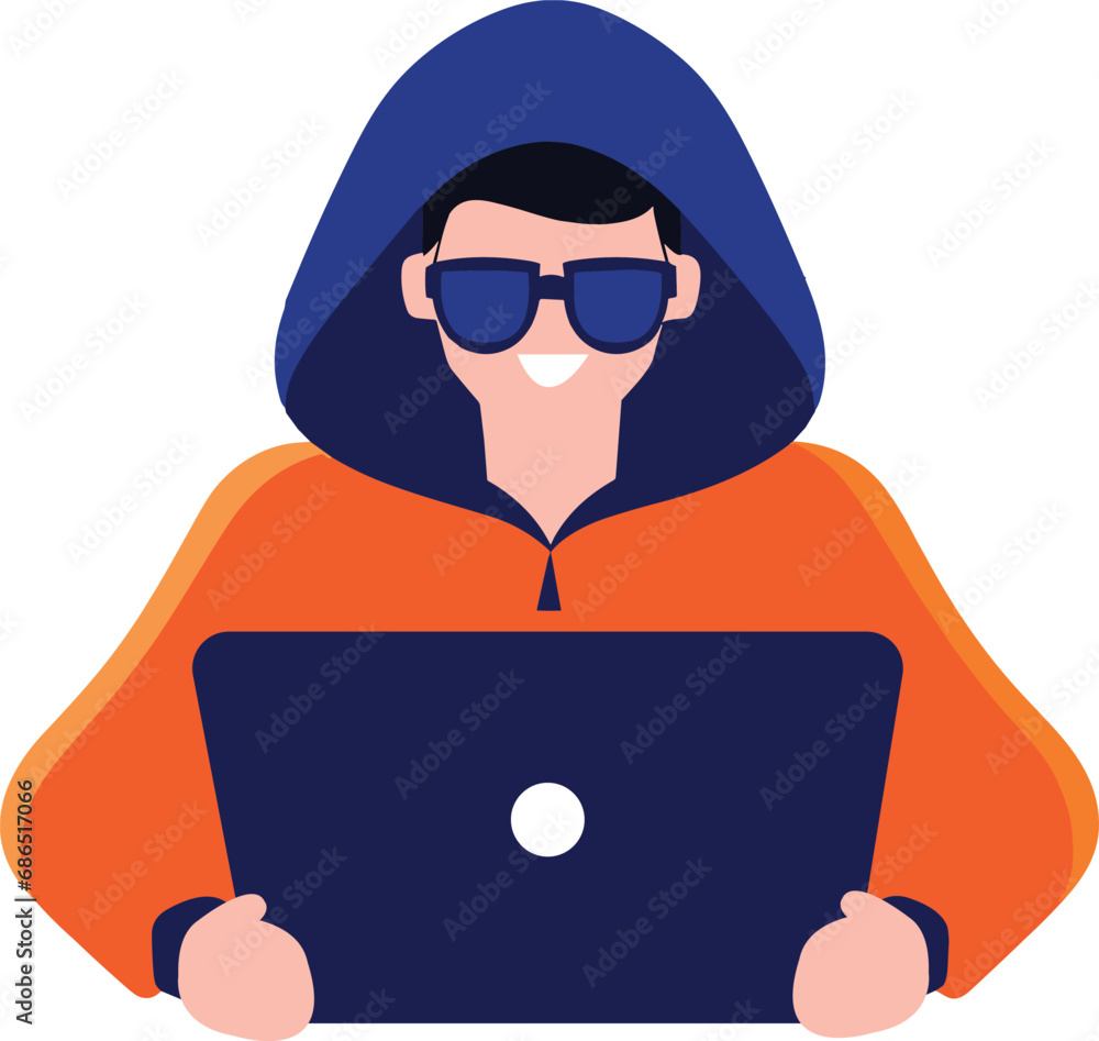Poster hand drawn thief or hacker in concept cyber security in flat style