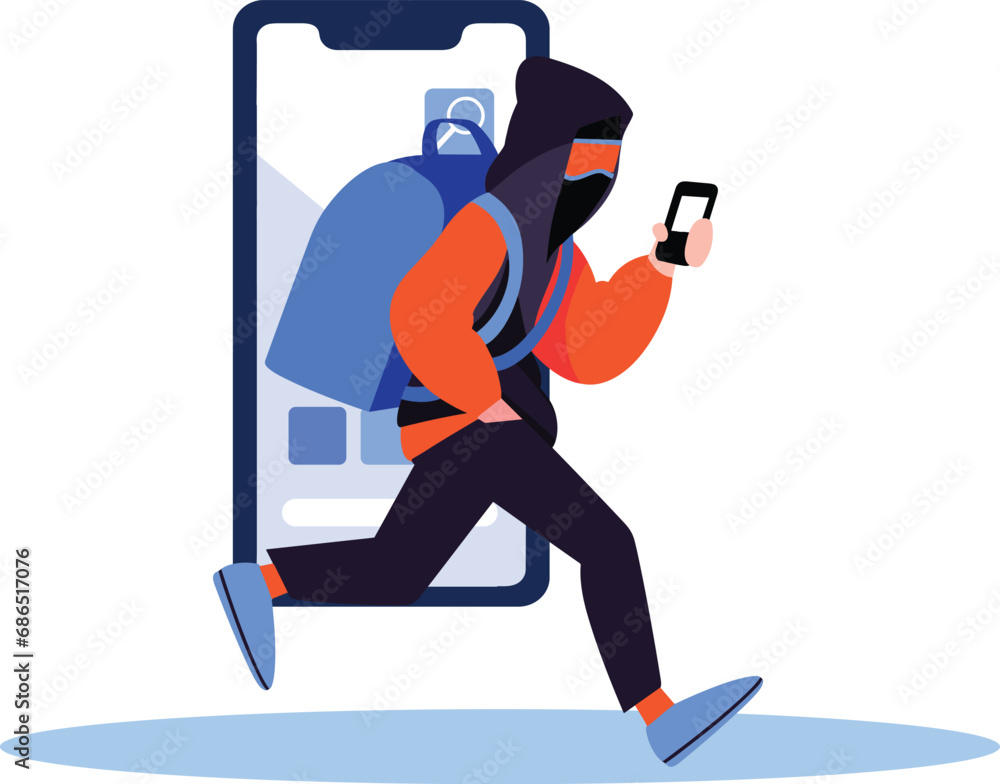 Poster hand drawn thief or hacker in concept cyber security in flat style