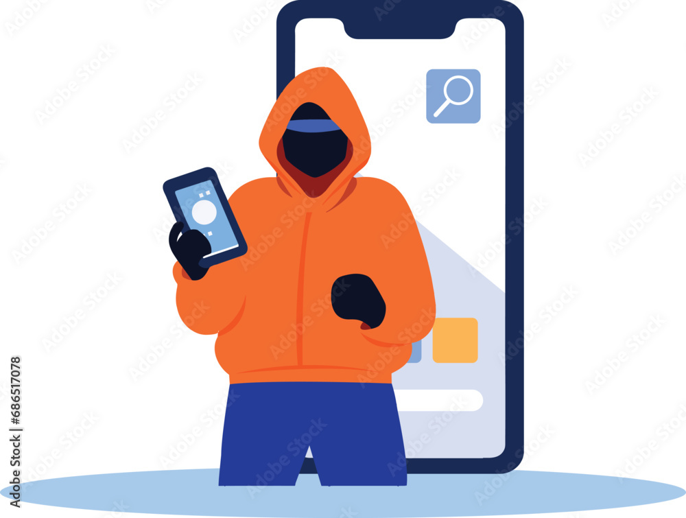 Poster hand drawn thief or hacker in concept cyber security in flat style