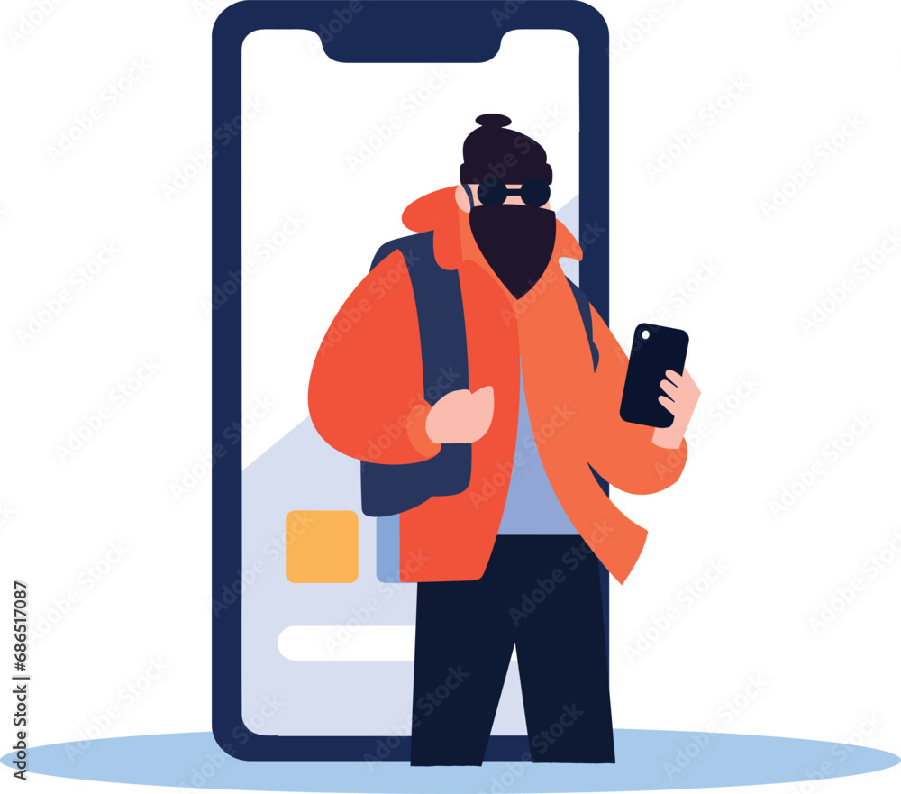 Poster hand drawn thief or hacker in concept cyber security in flat style