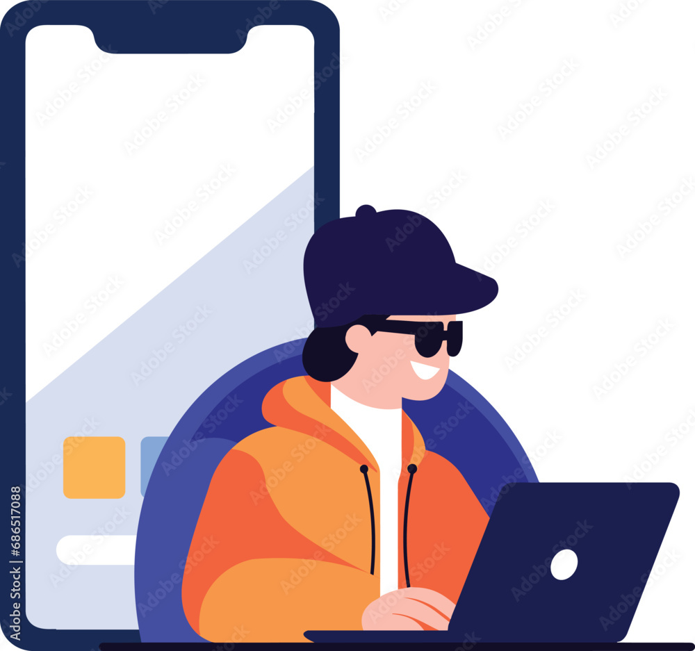 Poster hand drawn thief or hacker in concept cyber security in flat style