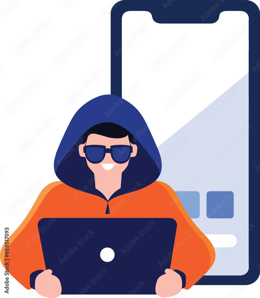 Poster hand drawn thief or hacker in concept cyber security in flat style