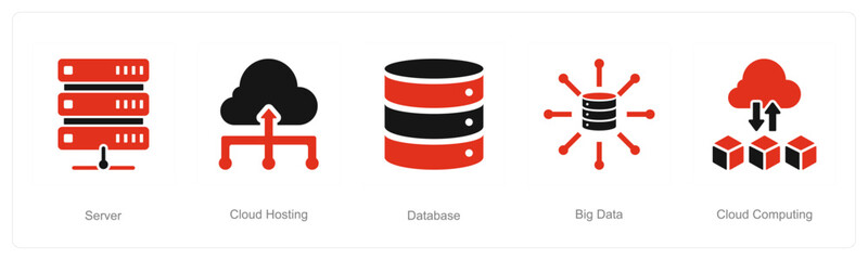 A set of 5 Data analysis icons as server, cloud hosting, database