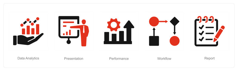 A set of 5 Data analysis icons as data analytics, presentation, performance