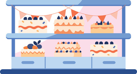 Hand Drawn Bakery shop front full of cakes in flat style