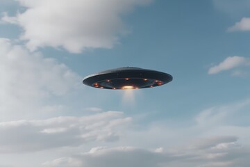 An unidentified flying object (UFO) is captured hovering in the daytime sky with clouds scattered in the background. The disk-shaped craft exhibits a classic flying saucer design with a dark hull, and
