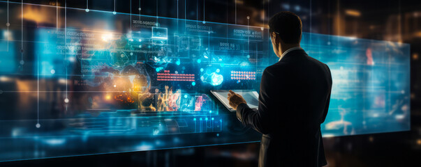Businessman Analyzing Digital Sales Data and Marketing Strategies on a Holographic Interface to Enhance Online Customer Engagement and Commerce