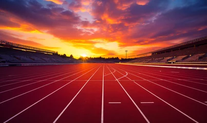 Zelfklevend Fotobehang Empty Running Track in Stadium with Vibrant Sunset Sky, Inviting Atmosphere for Sports and Athletics © Bartek