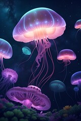 Glowing jellyfish. Vertical composition