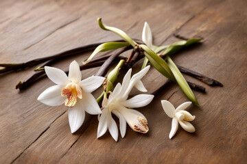 Vanilla beans and flowers on wooden background