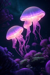 Obraz na płótnie Canvas Glowing jellyfish. Vertical composition