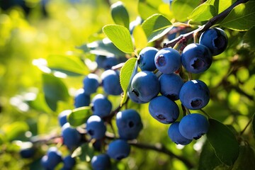 Ripe blueberries on the branches of a bush in the garden.