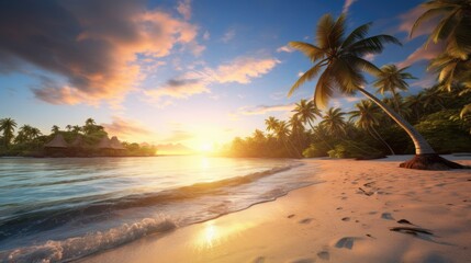 Fototapeta premium Sunset on the beach. Tropical paradise, sand, beach, palm trees and clear water.