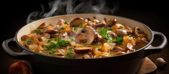 Cooking pan with sausages, onion, and mushroom gravy.