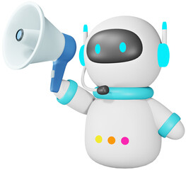 AI robot holding megaphone. Artificial intelligence technology in digital marketing and social media concept. 3D cartoon character.