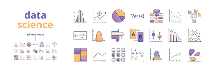 A set of data analytics icons. Linear regression, distribution density, heat map, testing, time series, correlation coefficient, classification, regression analysis, linked data, clustering, trends.
