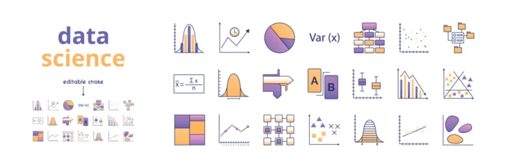 Fotobehang A set of data analytics icons. Linear regression, distribution density, heat map, testing, time series, correlation coefficient, classification, regression analysis, linked data, clustering, trends. © YEVHENIIA