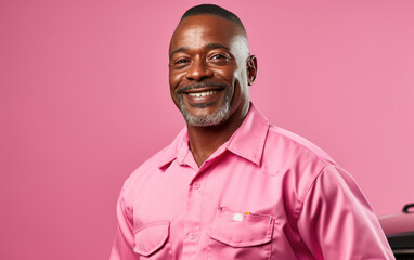 Fototapeta premium Happy smiling Mechanic with suit in the color background