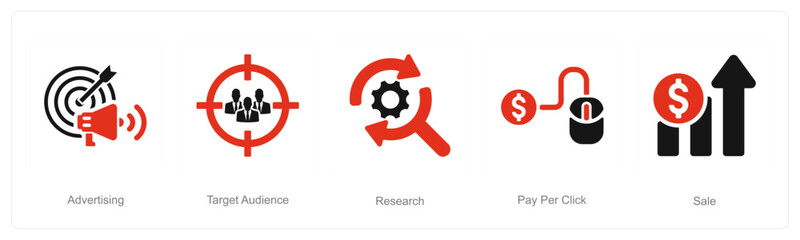 A set of 5 Digital Marketing icons as advertising, target audience, research