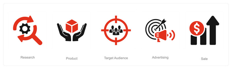A set of 5 Digital Marketing icons as Research, product, target audience