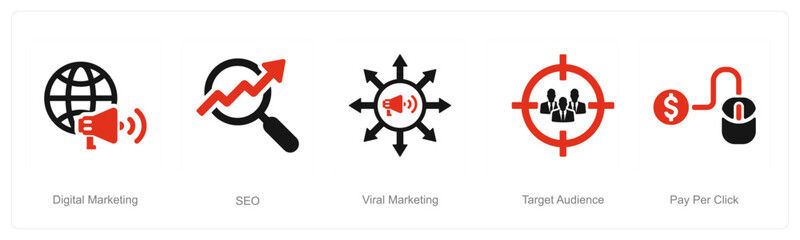 A set of 5 Digital Marketing icons as digital marketing, seo, viral marketing