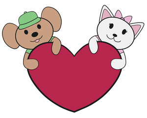 Corazon con perro y gato adorables. Ilustracion digital sin fondo.