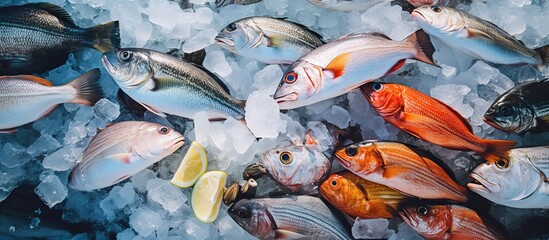 Assorted fresh fish on ice in market, variety stacked in fridge.