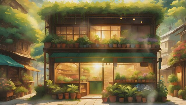 Plants and flowers shop in the city with cinematic lighting. Cartoon or Japanese anime watercolor illustration painting style. seamless looping 4K virtual video animation