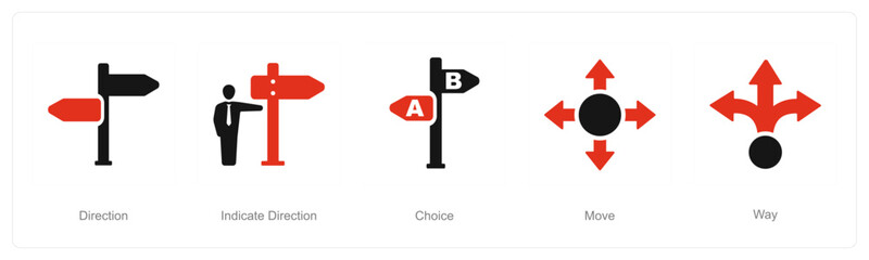 A set of 5 Direction icons as direction, indicate direction, choice