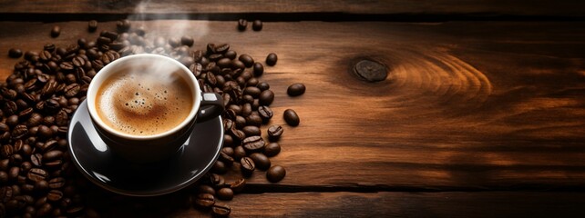 hot coffee cup on a wooden table with coffee beans, top view, copy space for text, banner, black coffee, Espresso, Cappuccino, hot chocolate drink - obrazy, fototapety, plakaty