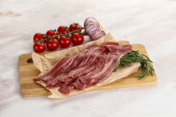 Raw beef bacon for cooking