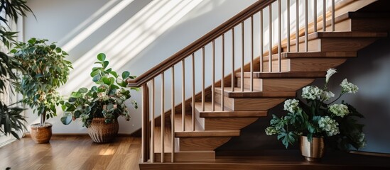 Top view of beautiful classic home stairs made of modern brown oak wood