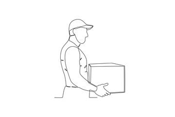 Continuous one line drawing employee who is lifting the package in the warehouse. Single line draw design vector graphic illustration
