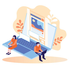 Fototapeta premium Social media illustration set. Characters with planning viewing content social network profile and marketing communication.