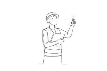 Continuous one line drawing Warehouse employee is looking at the list of goods on paper while pointing. Single line draw design vector graphic illustration
