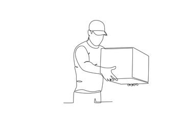 Continuous one line drawing employee who is lifting the package in the warehouse. Single line draw design vector graphic illustration
