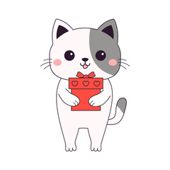 White cat kitten kitty holding heart gift box. Funny head face. Contour line doodle. Happy Valentines Day. Cute cartoon kawaii animal character. Flat design. Love card. White background. Isolated.