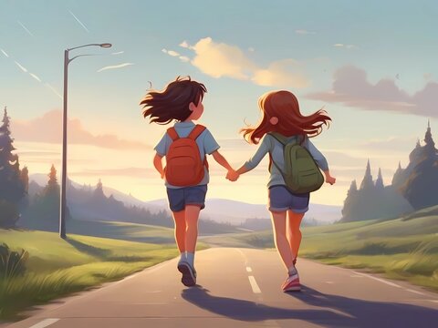 boy and girl friends walking on the roadside, cartoon style, rear view