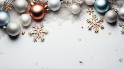 Elegant Christmas Border with White and Silver Ornaments, Snowflakes, and Festive Decorations on a Blank Snowy Background for Holiday Greetings.