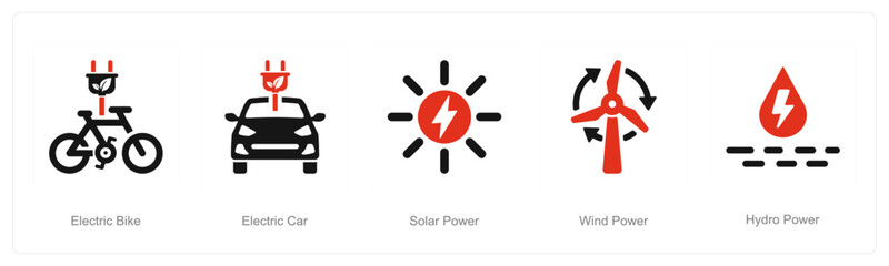 A set of 5 ecology icons as electric bike, electric car, solar power 