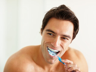 Bathroom, brushing teeth and man with oral health, wellness and grooming routine for fresh breath....