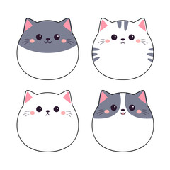 Round cat kitten, kitty icon set. Cute face head. Different emotions, colors. Cartoon kawaii funny baby character. Contour line doodle. Paper sticker print. Flat design. White background.